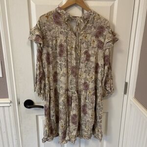 A.N.A. Women's Large Cottagecore Prairie 3/4 Sleeve Dress Cream Floral Stretch
